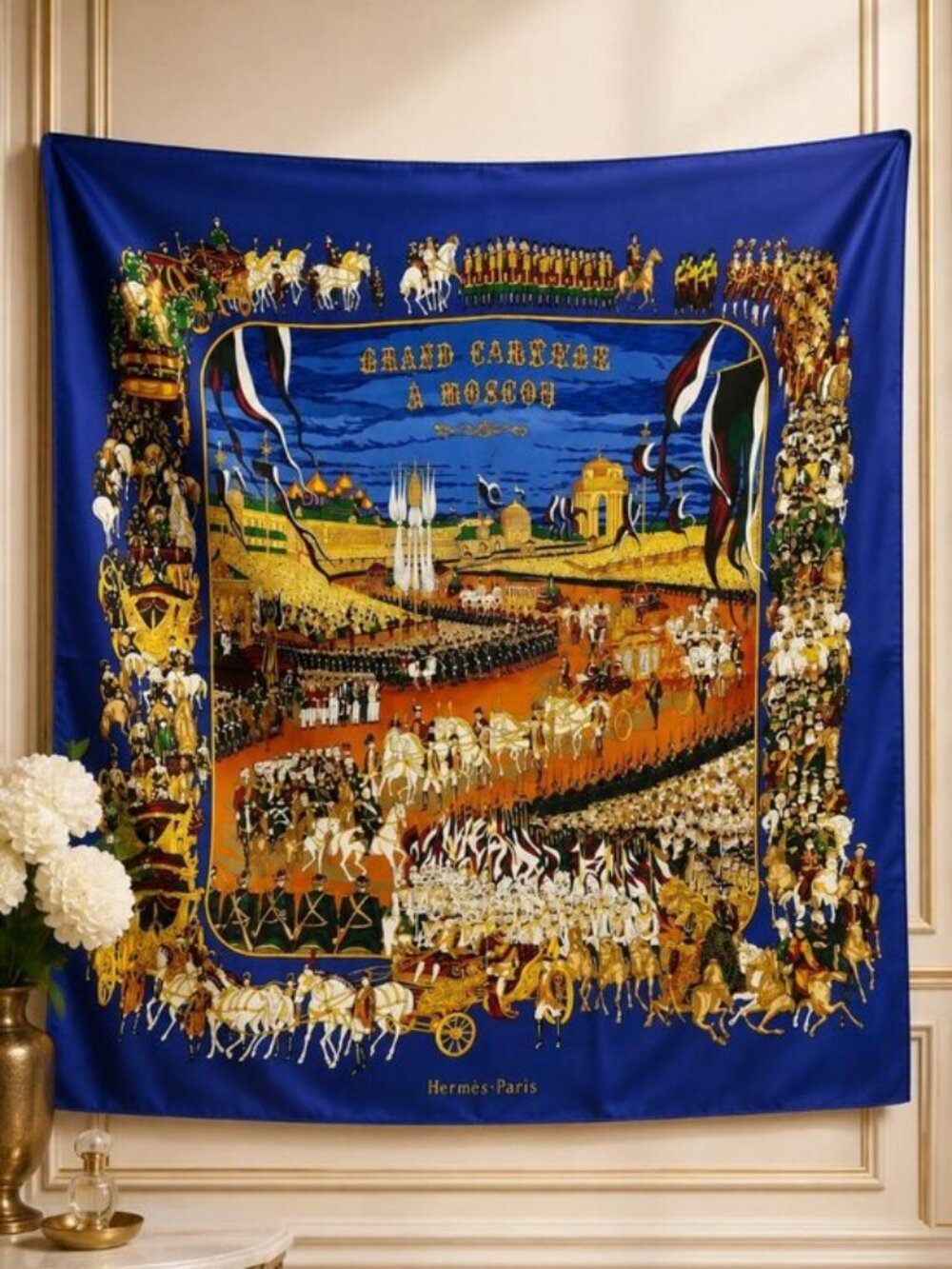 Hermès Grand Cortège à Moscou Carré 90 Silk Scarf Blue Authentic France Rare